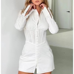 Европейска и американски стил модна талия рокля с дълги ръкави рокля с бяла риза с яка